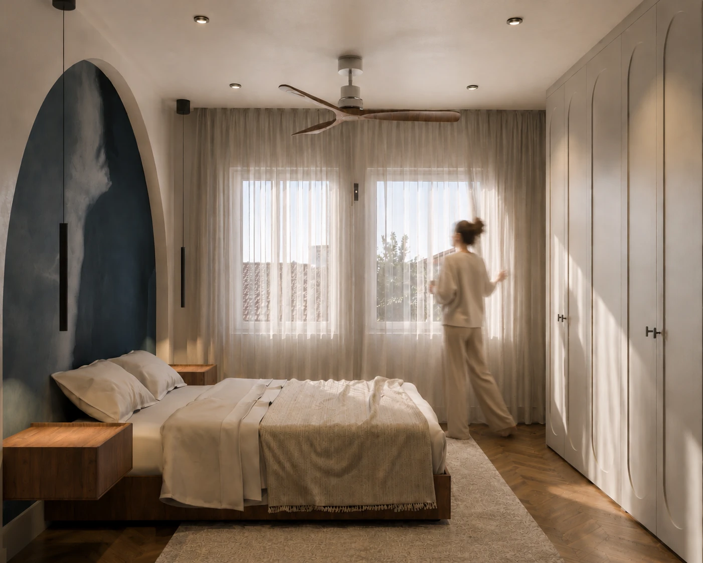 RFG63 — render del dormitorio con arco y mural azul, Madrid