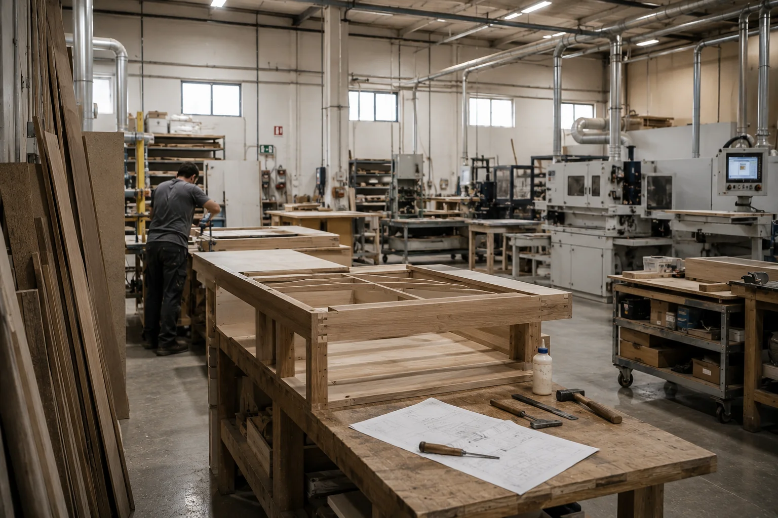 Taller de Studio Poan — banco de trabajo con estructura de roble en proceso